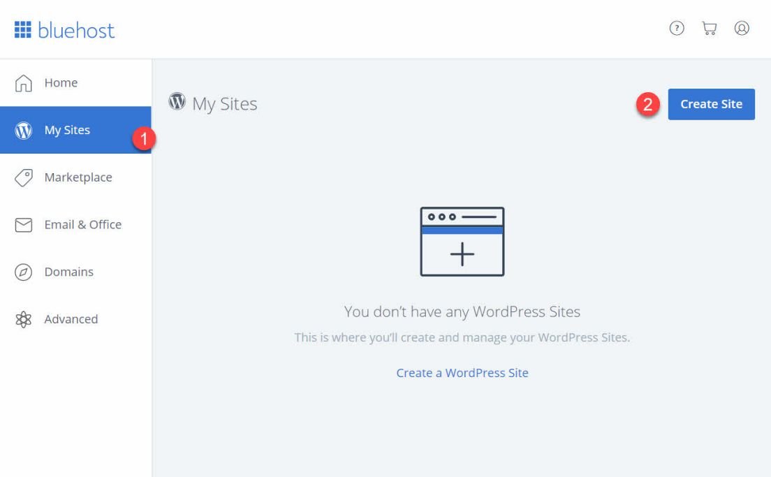 Bluehost My Sites option when learning how to create a website